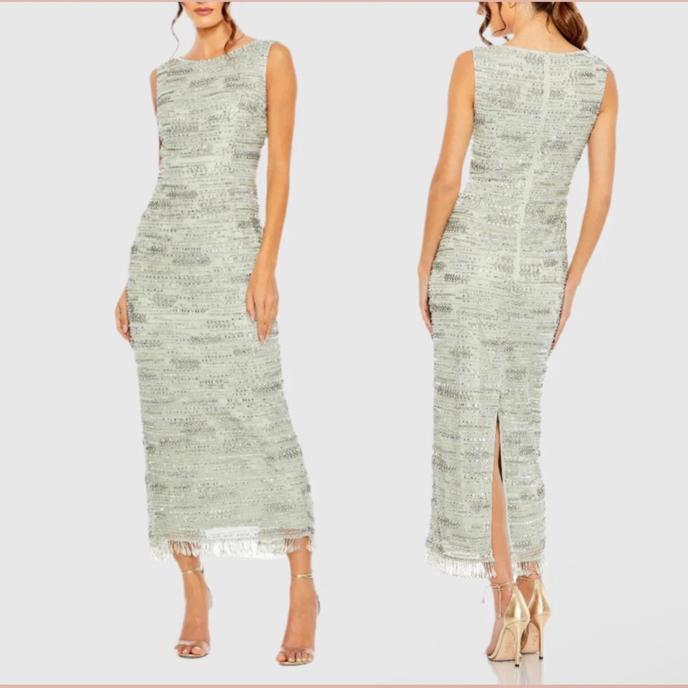 Mac Duggal NWT 93834 Sage Green Sleeveless Crystal Fringe Column Dress Size 4